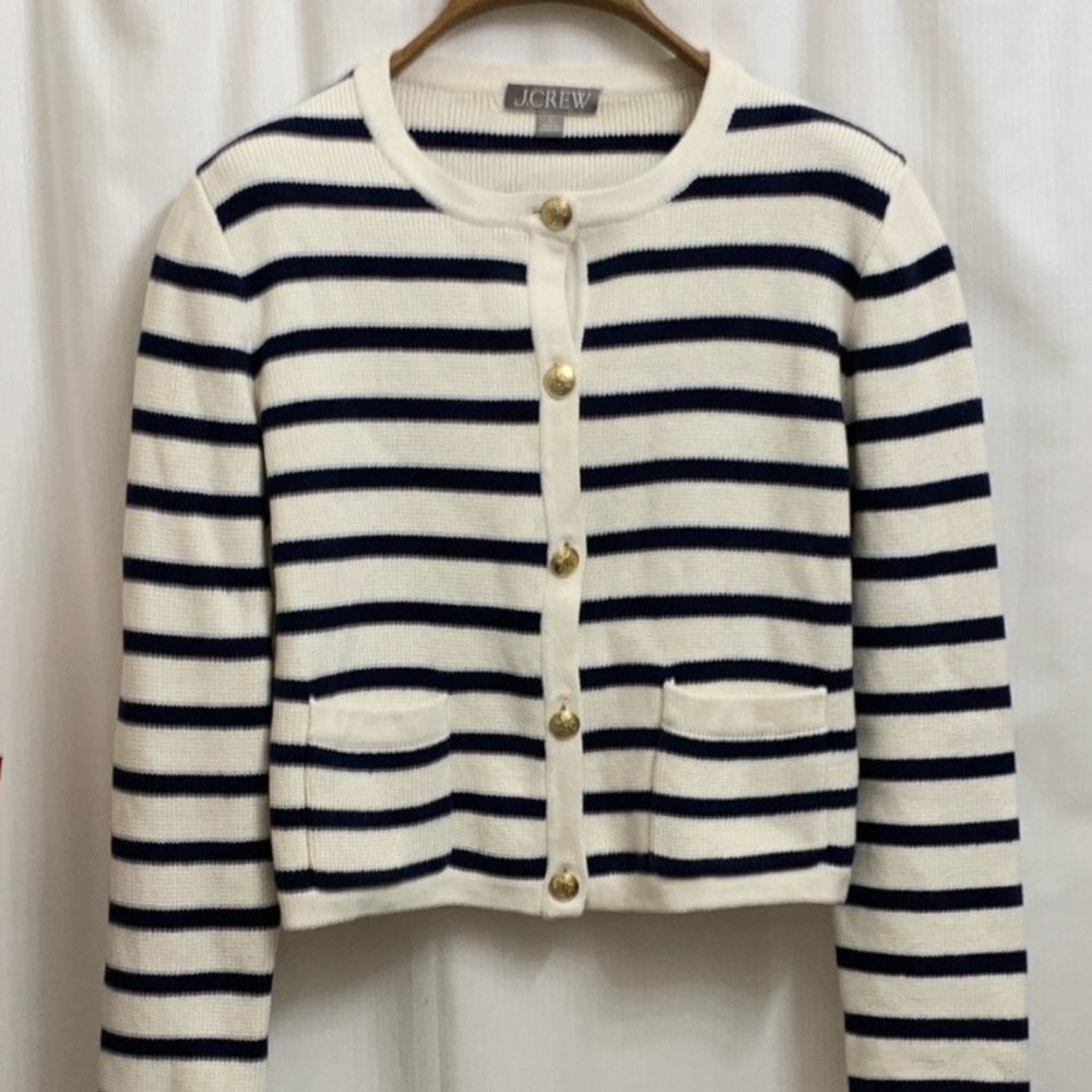J. Crew Emilie Sweater Lady Jacket Navy and Cream Striped Patch Pocket Cardigan
